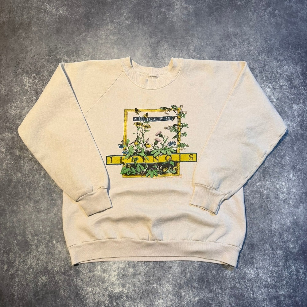 Vintage Wildflowers of Illinois Sweatshirt Cream Raglan Graphic Pullover XL